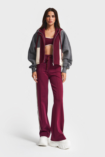 its basic Women's Burgundy Color W5-35 Knitted Fabric Bustier Fleece and Bottom Tracksuit 3-Piece Combination Design Set