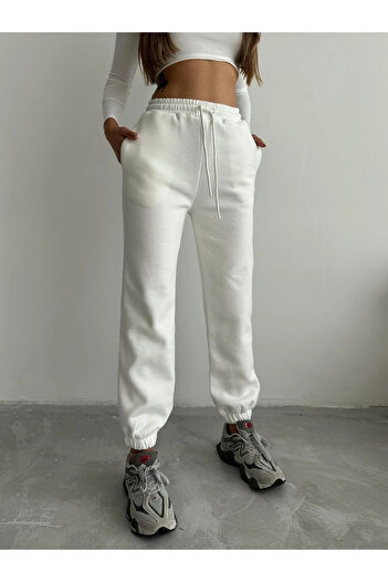 Işıltı kidss 3 Thread Ribbed Leg Elasticated Sweatpants White Is001
