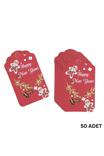roco paper New Year's Happy New Years Written Gift Tag, New Year's Packaging Card, 50 Pieces-4,5X7.5Cm, Red