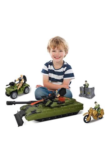 ANTBRO playset with tank, off-road vehicle, motorcycle, weapons and soldiers, with light and sound,
