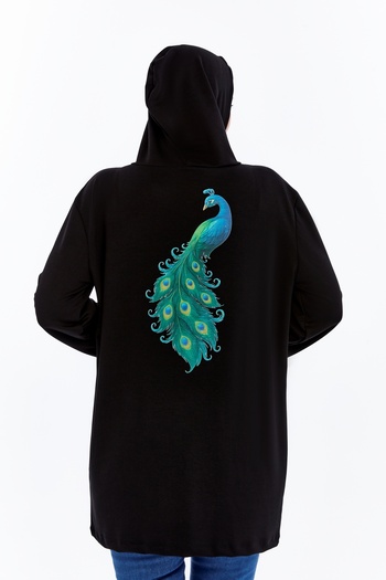 Curvy Trend Plus Size Back Peacock Print Hooded Full Zip Pocketed Soft Flowy Tunic Sweatshirt