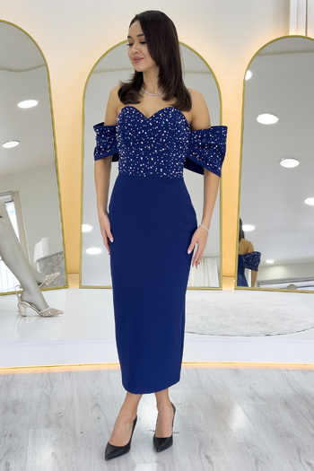zks grup tekstil Women's Strapless Low Sleeve Pearls Midi Length Dress Water Green, Navy Blue, Red, White, Baby Blue, Black