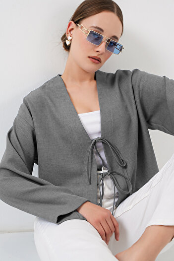 Bigdart Linen Kimono with Tie Front 960 - Gray