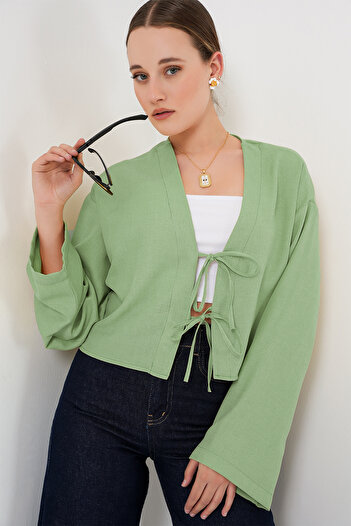 Bigdart Linen Kimono with Tie Front 960 - E.Green