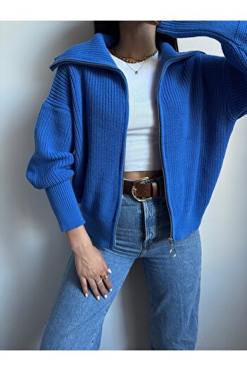 LOTUS CITY Blue Turn-Down Collar Zippered Knitwear Cardigan