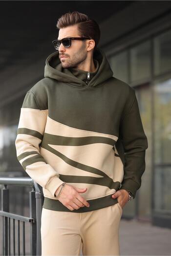 Madmext Khaki Hooded Zipper Collar Patterned Men's Sweatshirt E7162