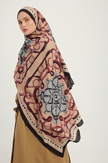Schaless Süvarı Coat of Arms - Burgundy - Vierra Patterned Viscose Shawl - 70X190 cm