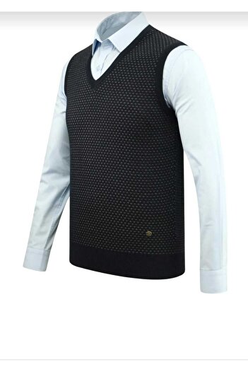 güncüoğlu Men's Steel Knitted Sweater with Patterned Front and V-Neck