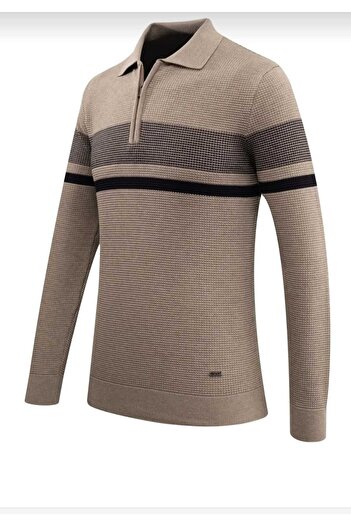 güncüoğlu Polo Collar Zippered Honeycomb Patterned Steel Knitted Men's Sweater