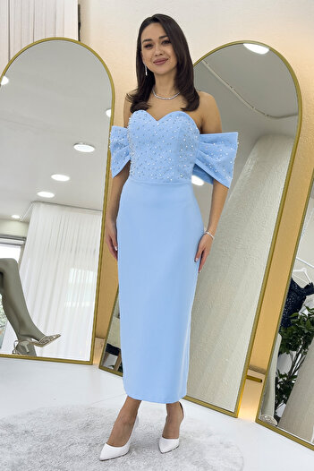 zks grup tekstil Women's Strapless Low Sleeve Pearls Midi Length Dress Water Green, Navy Blue, Red, White, Baby Blue, Black