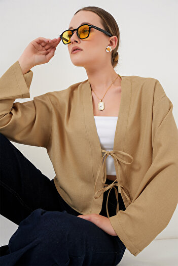 Bigdart Linen Kimono with Tie Front 960 - Biscuit