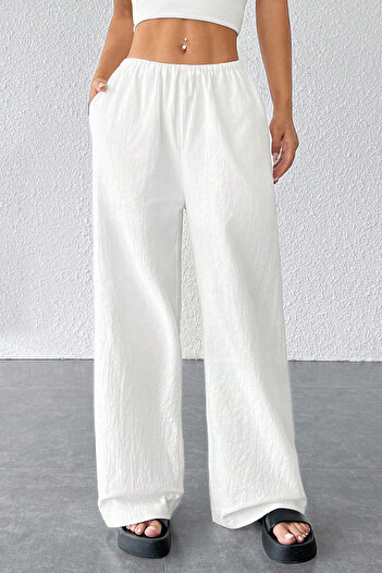 ALFA AKSESUAR 03 Women's White Loose Cut Pocket Wide Leg Drape Pants