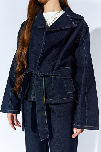 Manche Kuşaklı Cep Detaylı Denim Ceket - Pantolon Takım - Rins Yıkama Kahve | MKW185310-01