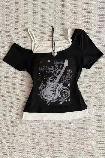 Karakedi Black Gothic Guitar Madonna Collar with Additional Strap Y2K Short Sleeve Full Body Crop