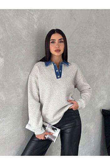Noa Noa Denim Collar Detailed Long Sleeve Sweatshirt