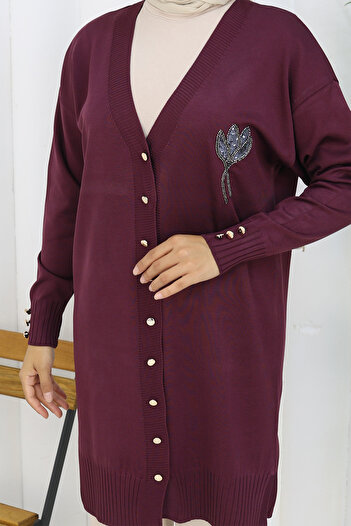 benguen Collar Detailed Long Mercerized Cardigan N3260 Plum