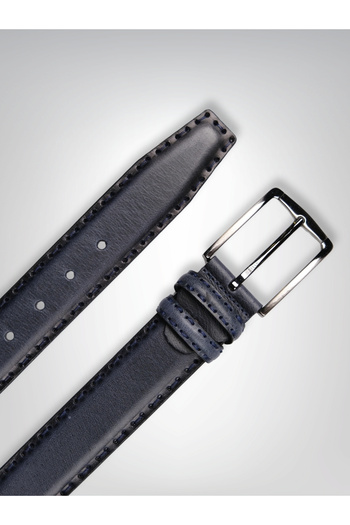 MFT Leather Design Genuine Leather Men's Belt – Horsehair Stitched, 4 Cm, Navy Blue |   7602