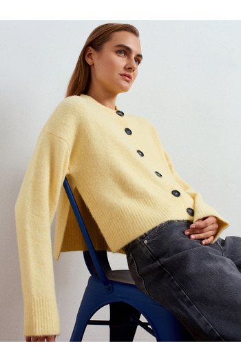 Dilvin 60280 Wool Blend Knit Cardigan with Side Slits - Light Yellow