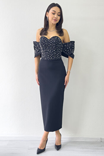 the ZKS Women's Strapless Low Sleeve Pearls Midi Length Dress Water Green, Navy Blue, Red, White, Baby Blue, Black