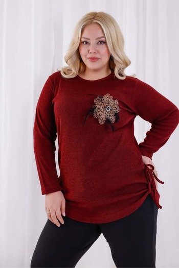 tarzımsüper Women's Plus Size Floral Detailed Gathered Side Soft Textured Knit Blouse