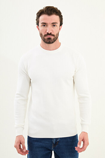 Mcr Patterned Slim Fit Crew Neck Men's Sweater Ecru - 11574.25K