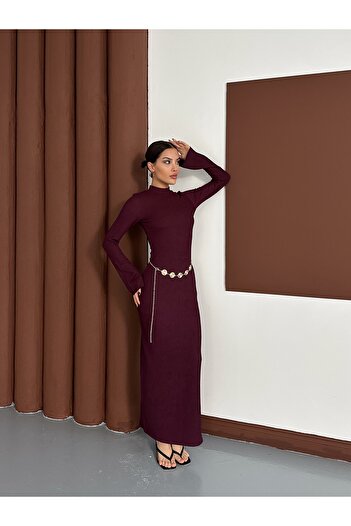 MODAMERSİ Women's Burgundy Belt Detailed Long Dress