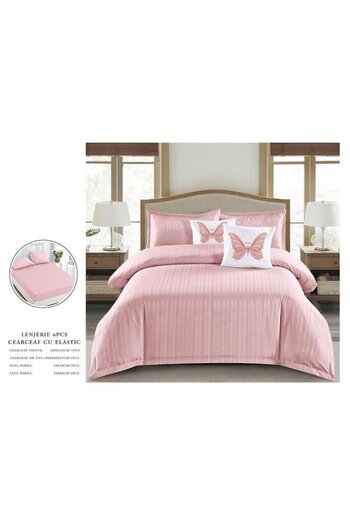OEM Double Bed Sheet Set, Uni, Finet Damask Type, 1 cm Stripe, 6 Pieces, Fitted Bed Sheet 180x200 cm, Du
