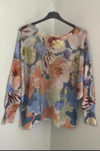 AYASOFYA OTANTIK Women's Italian Melon Green Camouflage Floral Patterned Leaf Detailed Batwing Sleeve Mercerized Blouse Sweater