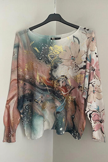 AYASOFYA OTANTIK Women's Italian White Plain Floral Patterned Leaf Detailed Batwing Sleeve Mercerized Blouse Sweater