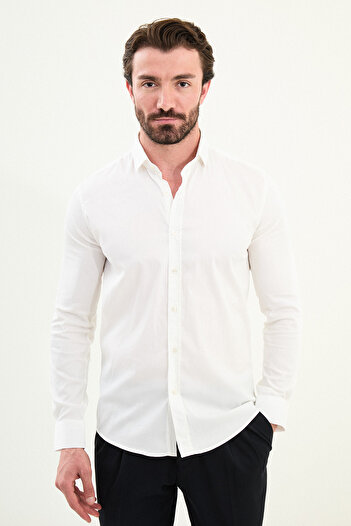 Mcr Patterned Slim Fit Long Sleeve Men's Shirt Ecru - 27111.25K