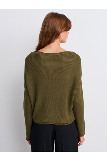 Dilvin 10804 Boat Neck Draped Knit Sweater-Khaki
