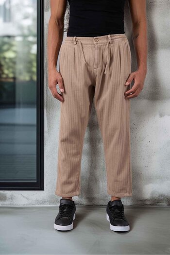 Valiberta Norman Relax Fit Self-Striped Gabardine Fabric Men's Trousers - Beige