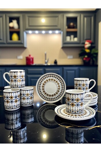 ferayhome Porcelain Coffee Cup Set for 6 People Kere Illusion Pattern - Feray Home