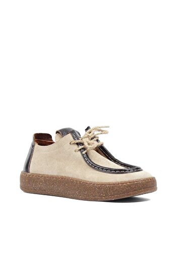 Celal Gültekin Women's Beige Brown Lace-Up Thick Soled Suede Leather Shoes