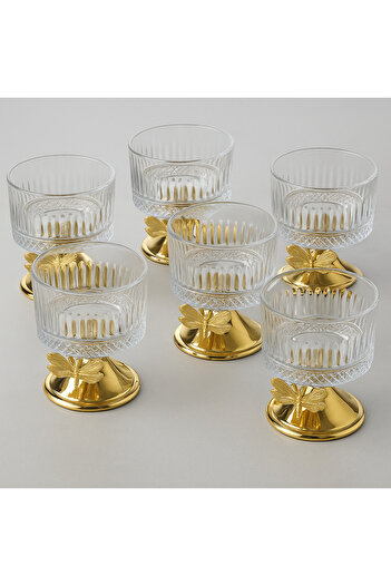 Fiyakalı Ürünler Atölyesi 6-Piece Elysia Glass Magnolia Bowl with Stand, Without Lid, Ice Cream Bowl, Sugar Bowl, Snack Bowl, Jam Bowl