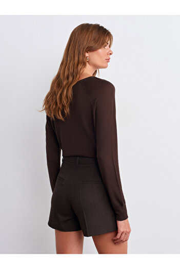 Dilvin 72190 High Waist Pleated Detail Shorts-Brown