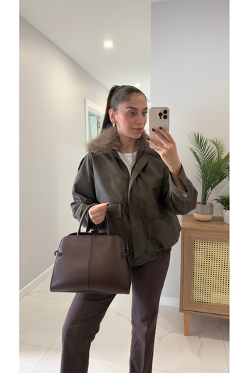 BİRCANÇİL Onda Khaki Leather Jacket with Removable Fur Collar