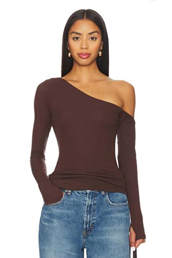 AFR CLOTHES Women's Double Layer Jersey Asymmetric Neckline Finger-Through Bluz