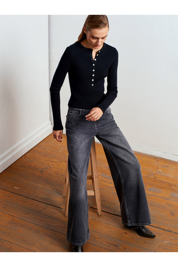Dilvin 10819 Buttoned Wool Blend Slim Knitwear-Black