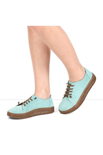 Celal Gültekin Women's Turquoise Lace-Up Thick Soled Suede Leather Shoes