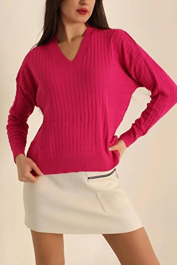 ribana Women's V-Neck Oversize Basic Square Patterned Ribbed Knit Sweater - 6542