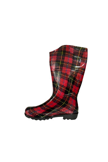 Emek Women's Red-Black Patterned Garden Long Rain Boots Emk2036-97