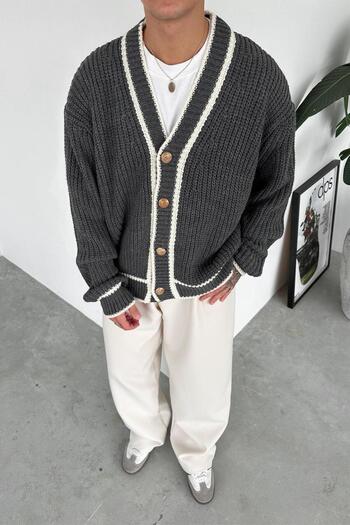 HAFKAGİYİM Anthracite Premium Design Relaxed Knitted Cardigan