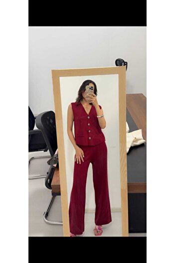 MA ananas Women's Burgundy Modern V-Neck Vest and Pants Suit