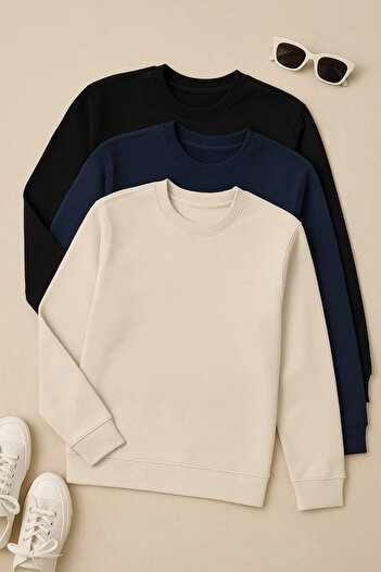 SILVANO Men's Basic Crew Neck Winter Loose 3-Piece Sweatshirt
