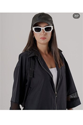 AGORATEKSTİL Women's Hooded Trench Oversize Jacket with Mesh Detail on the Back and Sleeves