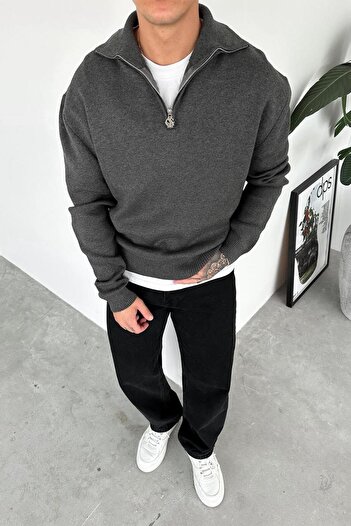 HAFKAGİYİM Anthracite Half-Zip High Neck Knit Sweater