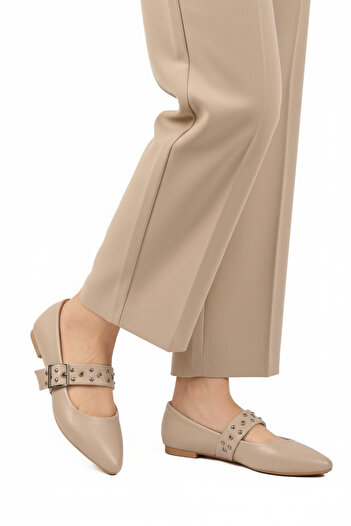 Aspor Beige Belted Women's Ballerinas
