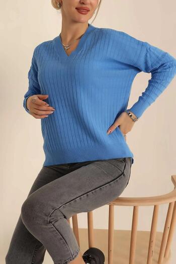 ribana Women's V-Neck Oversize Basic Square Patterned Ribbed Knit Sweater - 6542