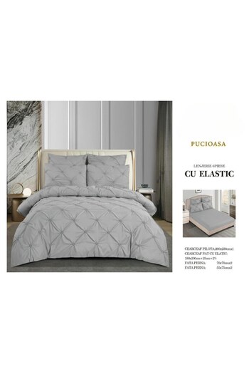 OEM Double Bed Linen Set with Elastic, Pleats, Uni, Pucioasa, 6 Pieces, Grey, FPS-014
